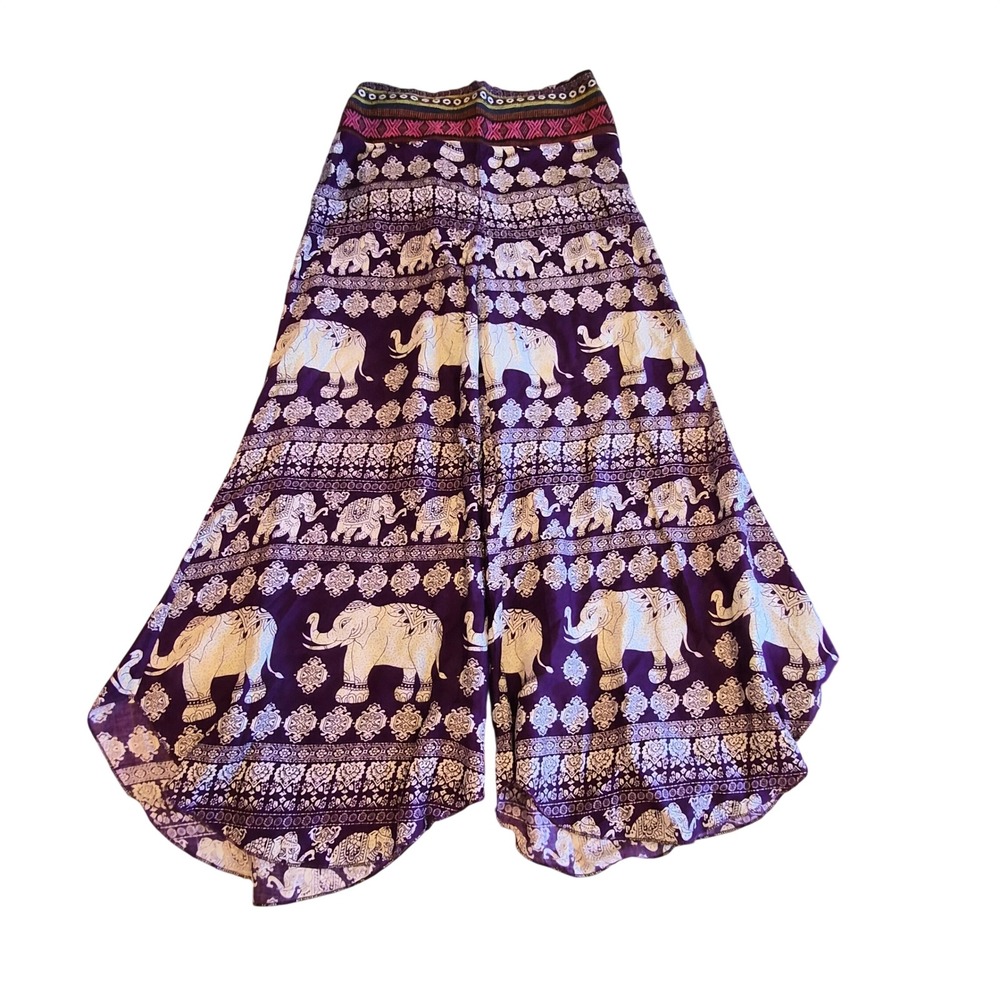 Kathmandu Imports Purple Elephant Print Wide Leg Palazzo Pants Boho Festival
